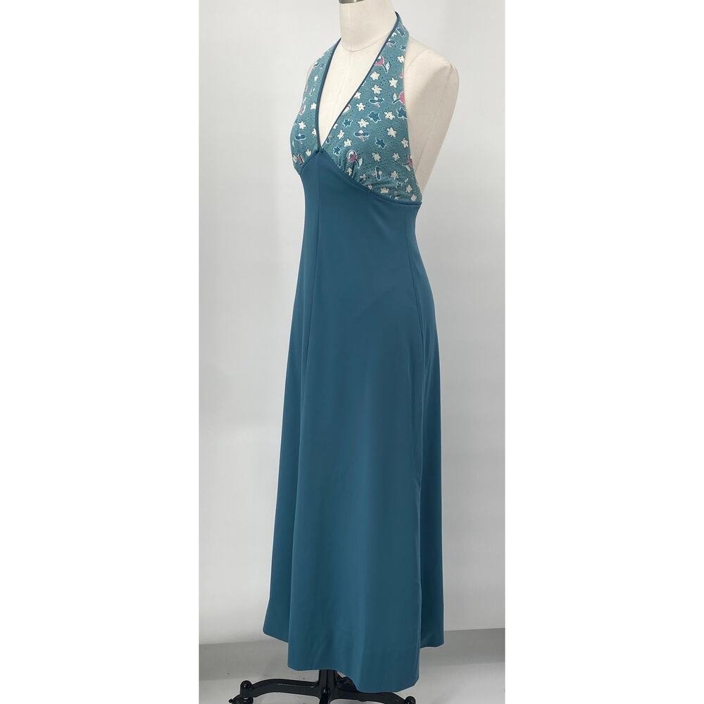 Vintage 70s Halter Dress Floral Pattern Triangle Bodice Teal Blue Pink Womens XS - Picture 7 of 10
